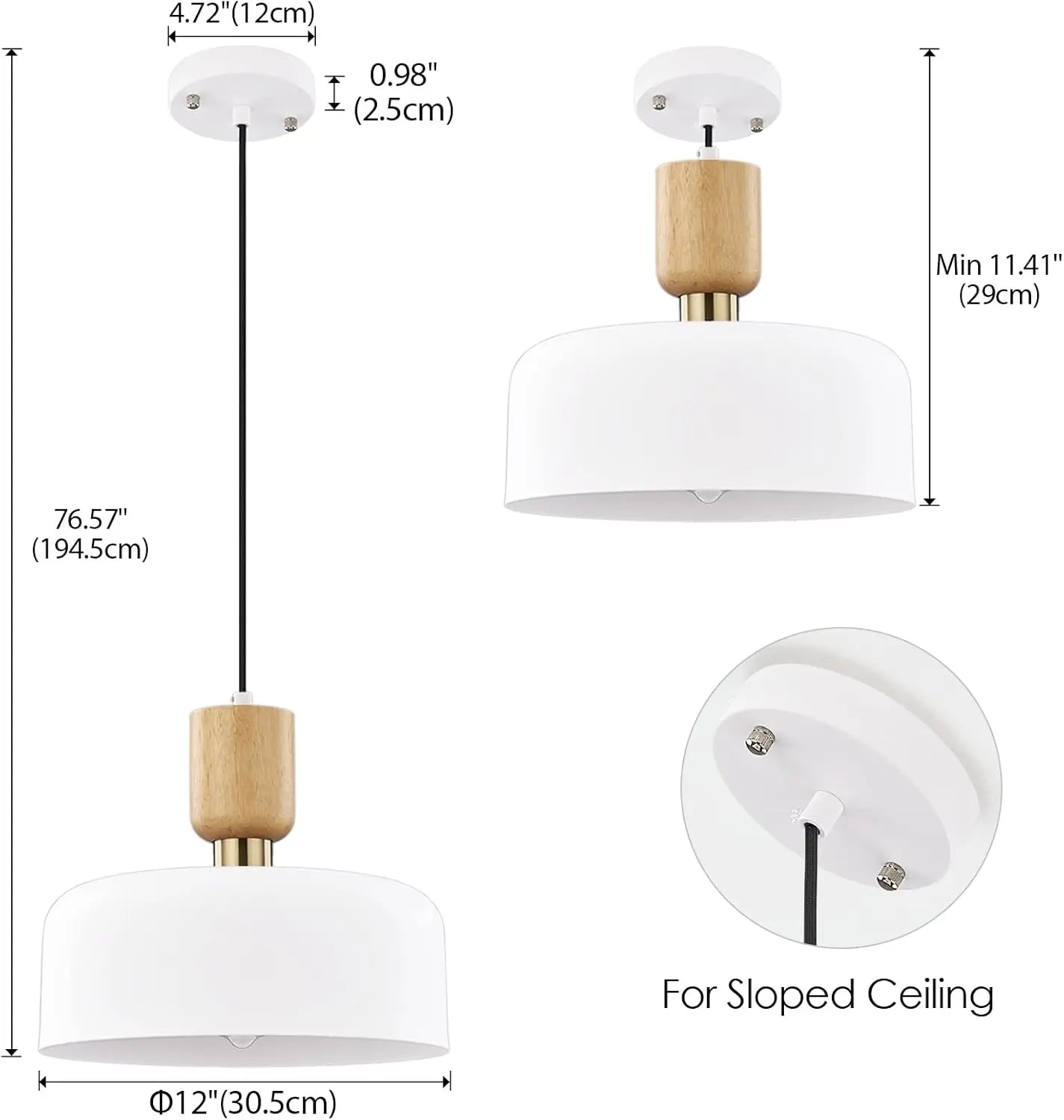 Product dimensions of white pendant light with sloped ceiling compatibility