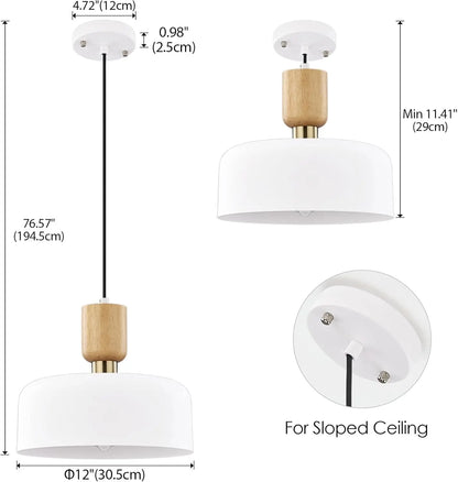 Product dimensions of white pendant light with sloped ceiling compatibility