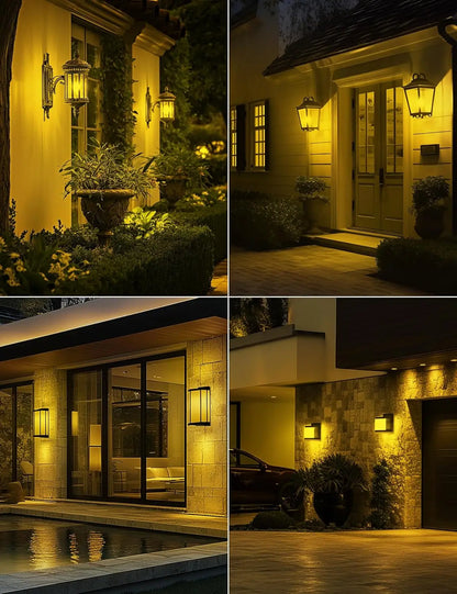 Amber bug-repellent bulbs used for outdoor wall lighting.