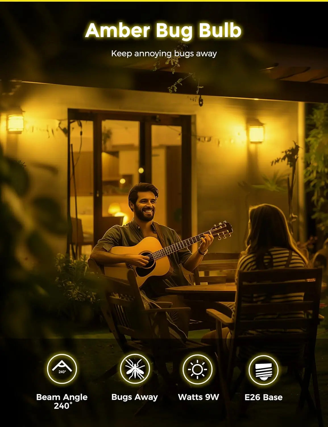 Amber bug light bulb in outdoor setting with people enjoying night.