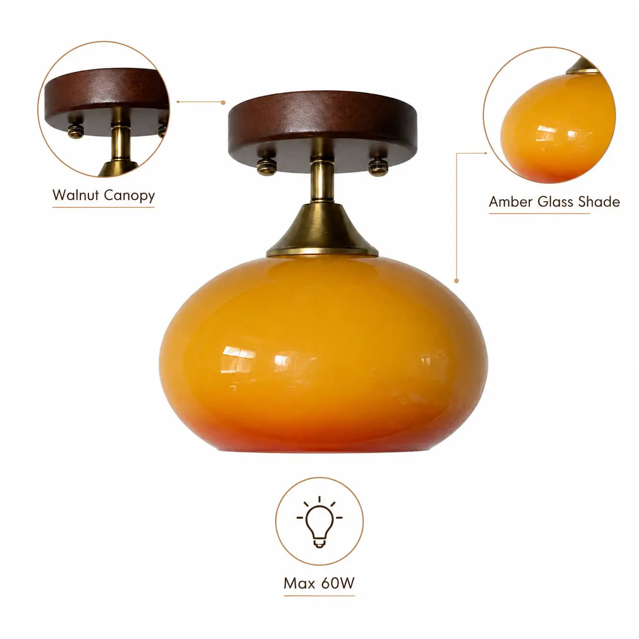 Amber glass ceiling light labeled with walnut canopy and amber glass shade details