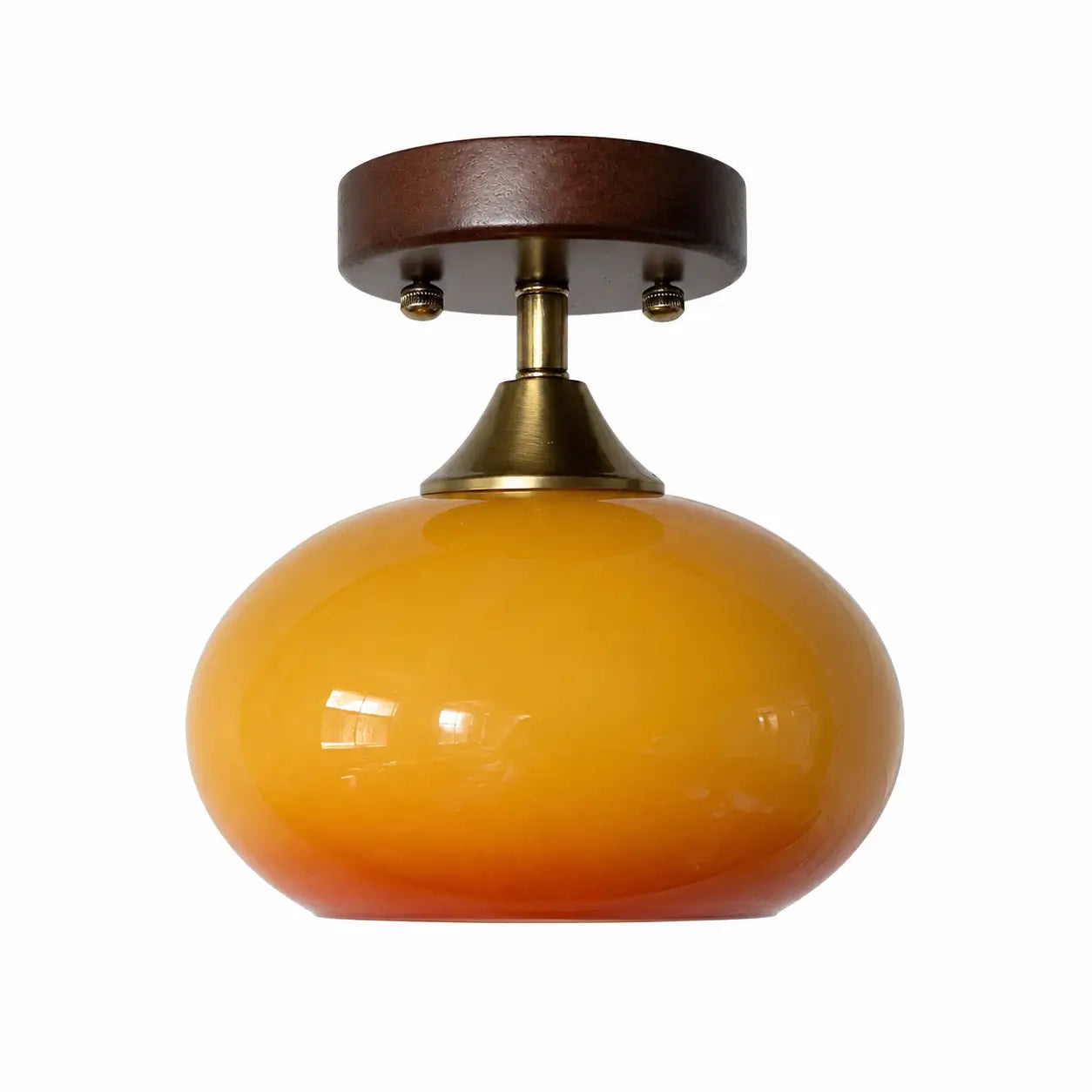 Semi-flush ceiling light with an oval amber glass shade and walnut wood canopy
