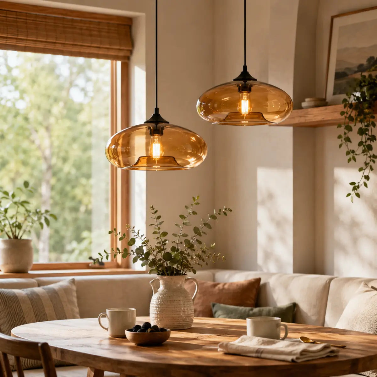 Two amber oval glass pendant lights arranged above a round wood dining table.
