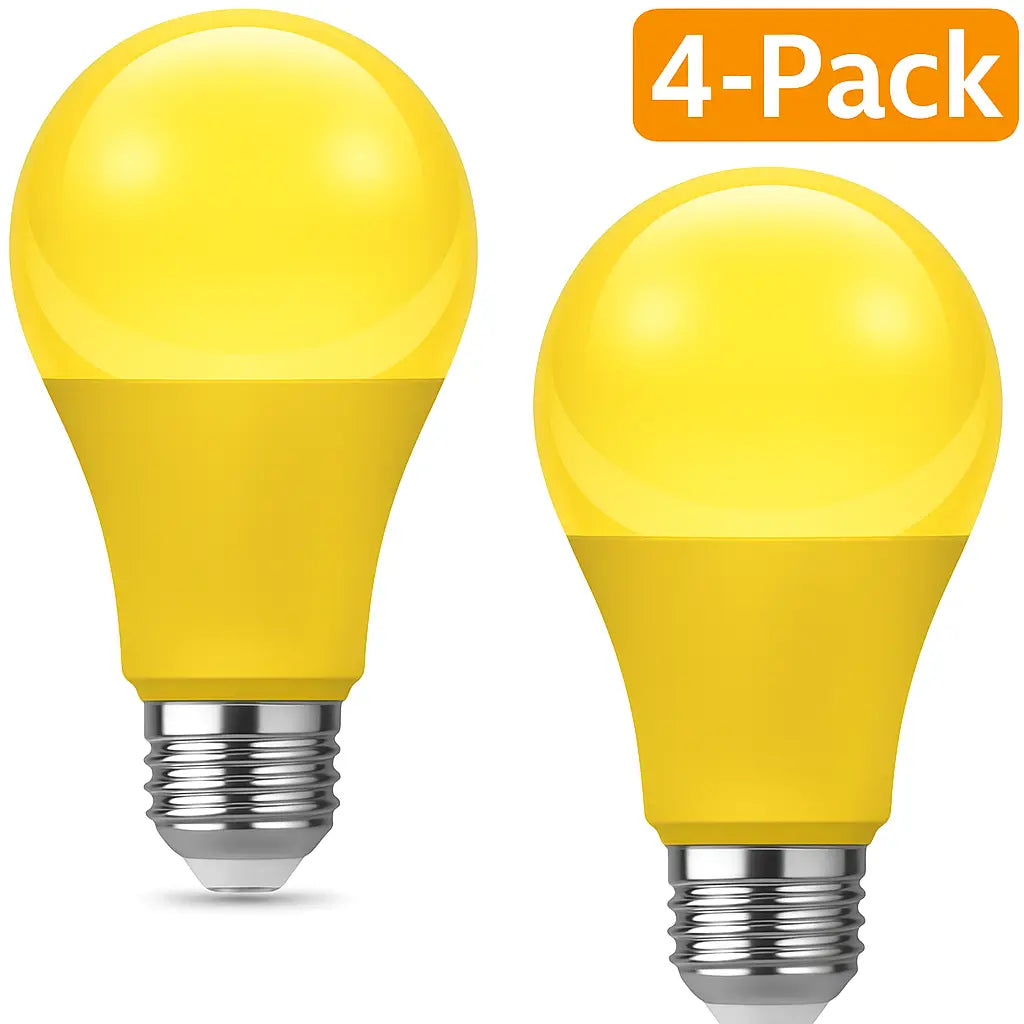 4-pack amber LED light bulbs with bug repellent design.