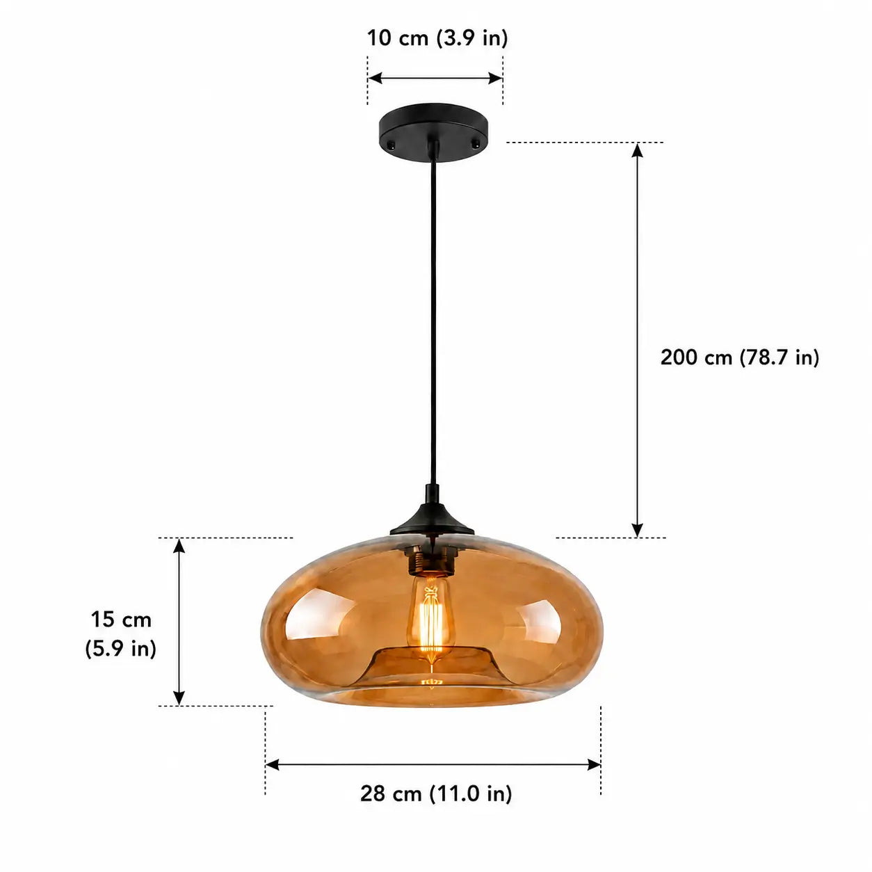 Amber pendant light dimensions with 28 cm width, 15 cm shade height, 10 cm canopy, and 200 cm cord.