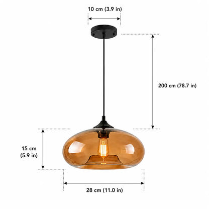 Amber pendant light dimensions with 28 cm width, 15 cm shade height, 10 cm canopy, and 200 cm cord.