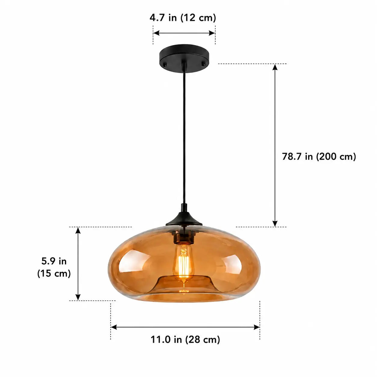 Amber pendant light dimensions with 28 cm width, 15 cm shade height, 12 cm canopy, and 200 cm cord.