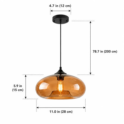 Amber pendant light dimensions with 28 cm width, 15 cm shade height, 12 cm canopy, and 200 cm cord.