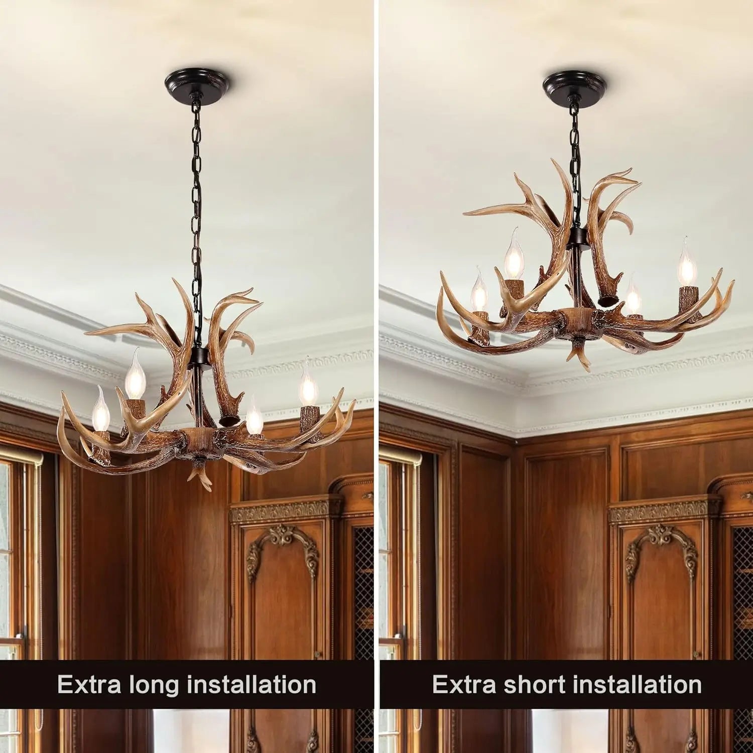 Antler chandelier shown with extra long and extra short installation options, demonstrating adjustable chain for various ceiling heights.
