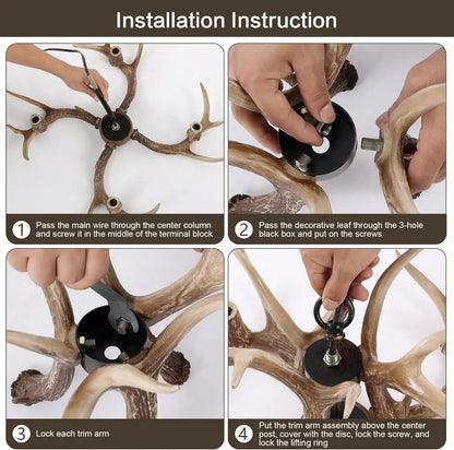 Step-by-step installation instructions for antler chandelier assembly, showing wiring and mounting process.