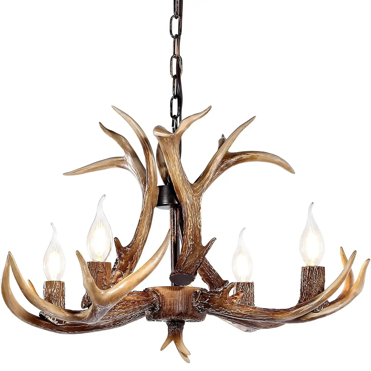 Rustic 6-light antler chandelier for living room, dining room, or kitchen island. Features a unique resin antler design.