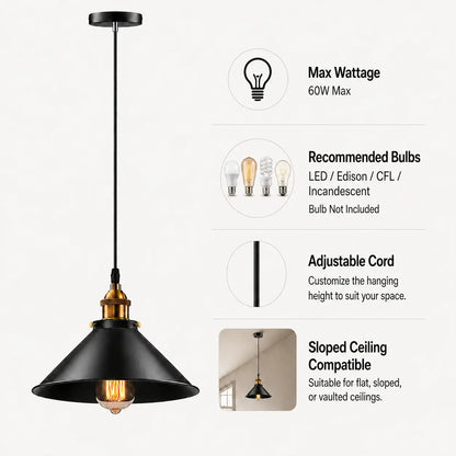 Black and brass industrial pendant light feature graphic showing 60W max wattage, recommended bulb types, adjustable cord, and sloped ceiling compatibility.