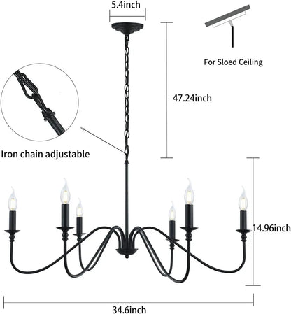 Detailed dimensions of a black 6-light chandelier, showing its 34.6-inch width, 14.96-inch height, and 47.24-inch adjustable chain, suitable for sloped ceilings.