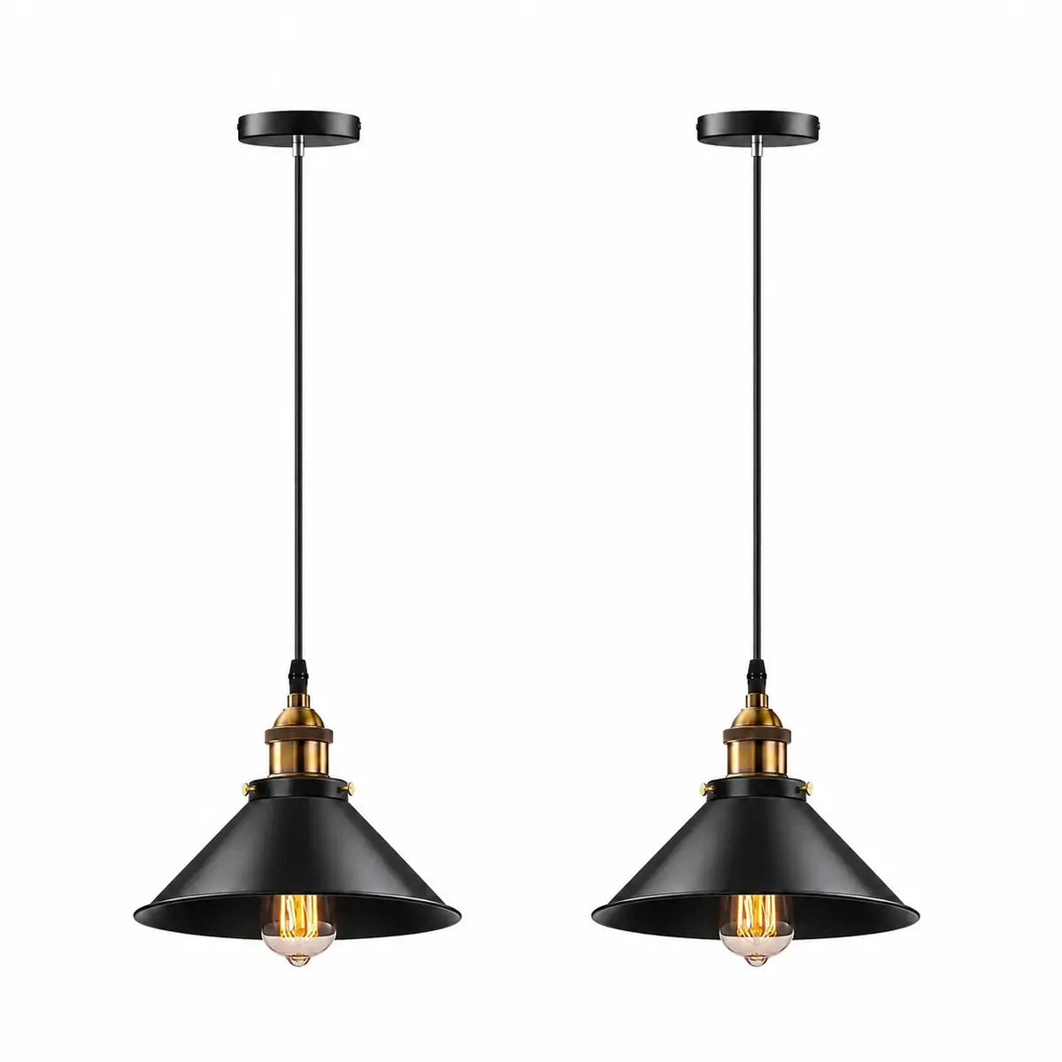 Set of two black cone pendant lights with brass-toned socket details and exposed shade design