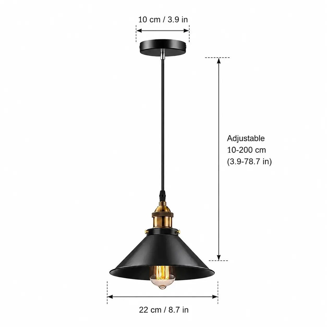 Black cone pendant light dimensions with 22 cm shade, 10 cm canopy, and adjustable 10–200 cm hanging length.