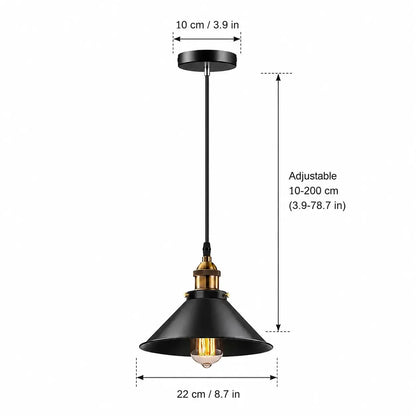 Black cone pendant light dimensions with 22 cm shade, 10 cm canopy, and adjustable 10–200 cm hanging length.