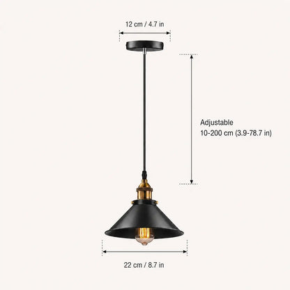 Black cone pendant light dimensions with 22 cm shade, 12 cm canopy, and adjustable 10–200 cm hanging length.
