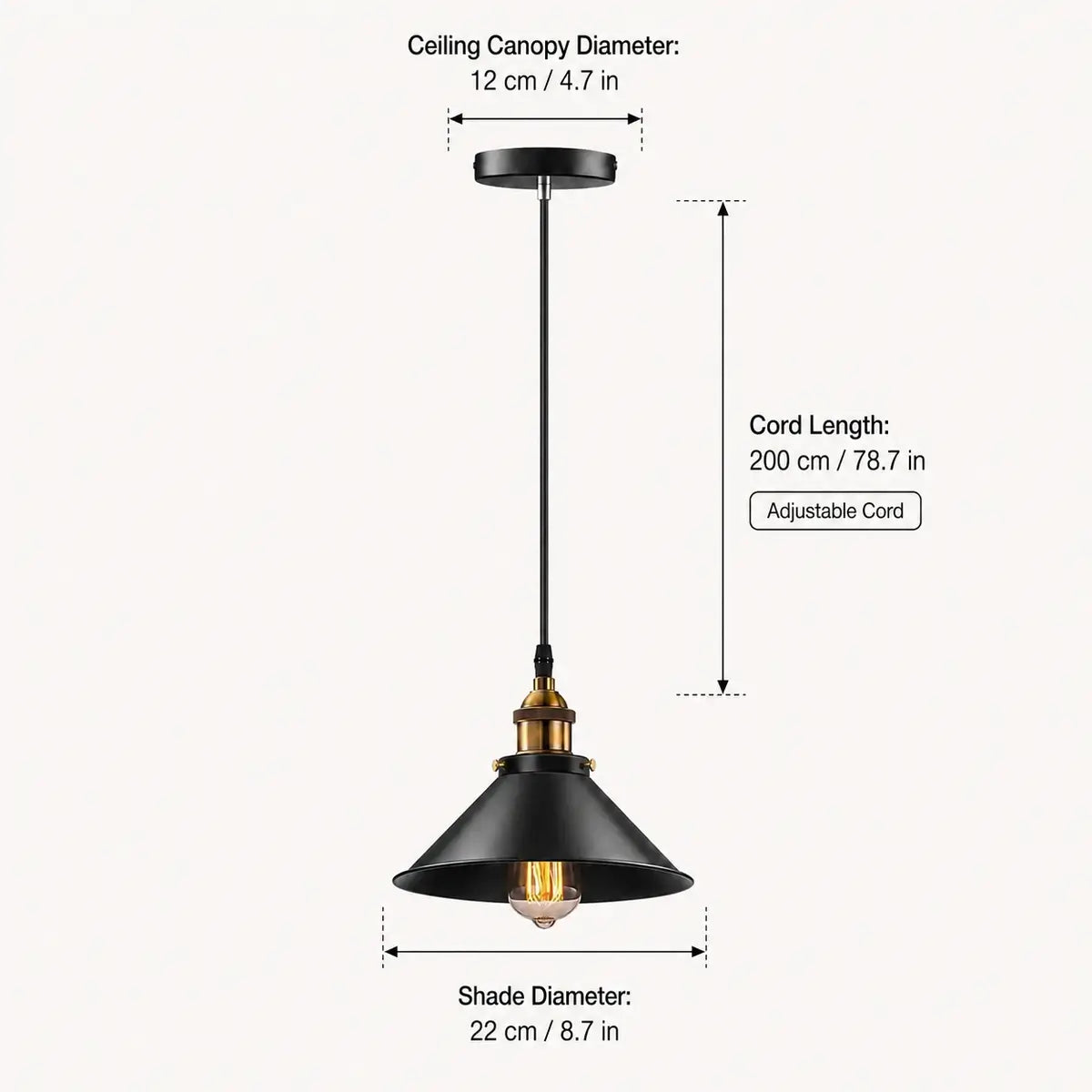 Black cone pendant light dimension graphic showing 22 cm shade, 200 cm cord, and 12 cm canopy