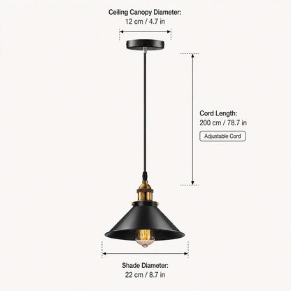 Black cone pendant light dimension graphic showing 22 cm shade, 200 cm cord, and 12 cm canopy