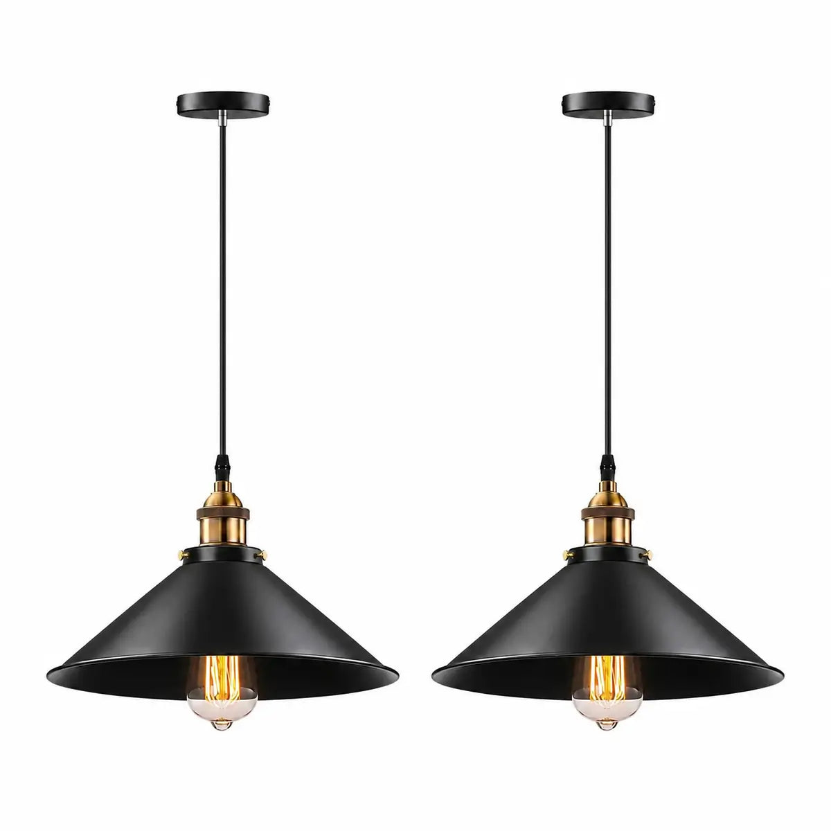 Set of two 26 cm black cone pendant lights with brass-toned socket accents and slim black cords