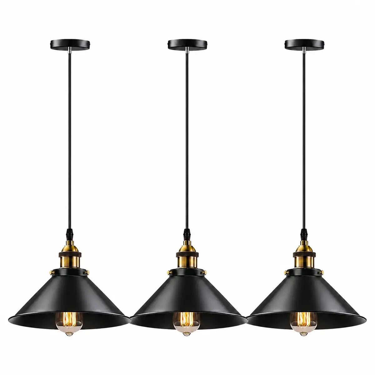 Set of three 26 cm black cone pendant lights with wide black shades and brass-toned upper details