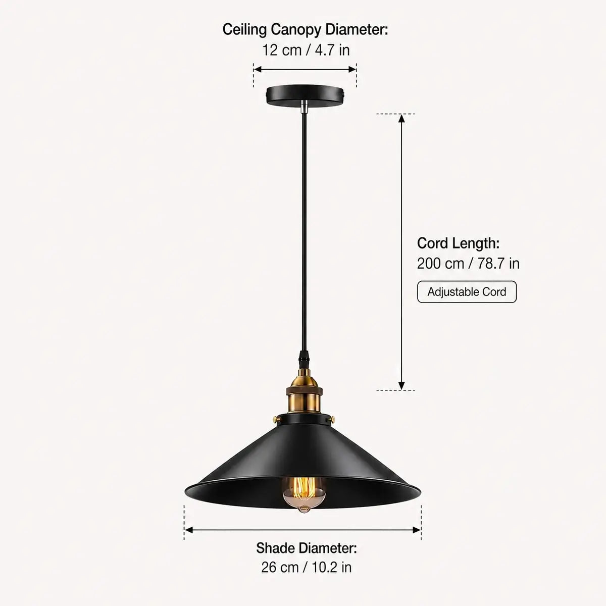 Dimension graphic for 26 cm black cone pendant light showing shade diameter, cord length, and canopy size
