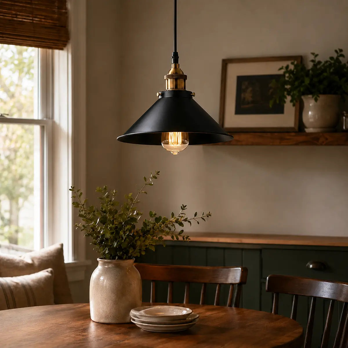 26 cm black cone pendant light over a warm dining area with wood table, window light, and classic decor