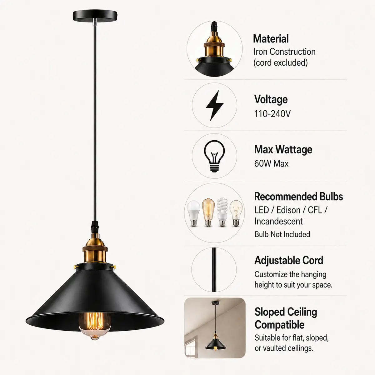Feature graphic for 26 cm black cone pendant light showing iron construction, voltage, bulb recommendations, and adjustable cord