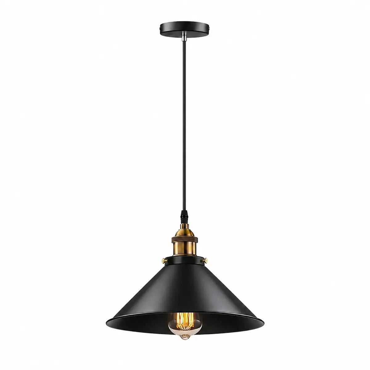 Single 26 cm black cone pendant light with slim black cord, round canopy, and brass-toned socket detail