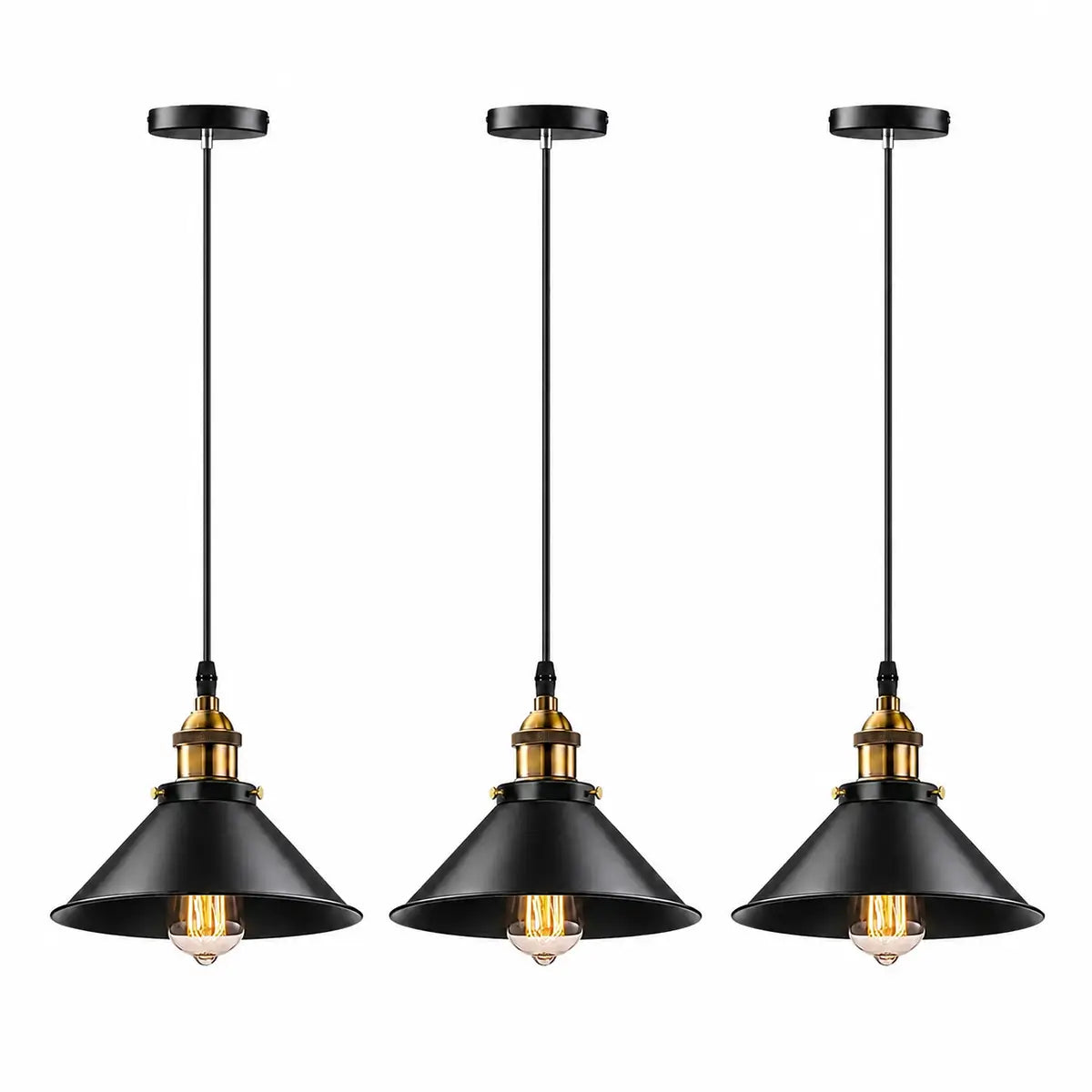 Set of three black cone pendant lights with slim black cords and brass-toned socket accents
