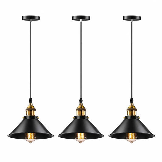 Set of three black cone pendant lights with slim black cords and brass-toned socket accents