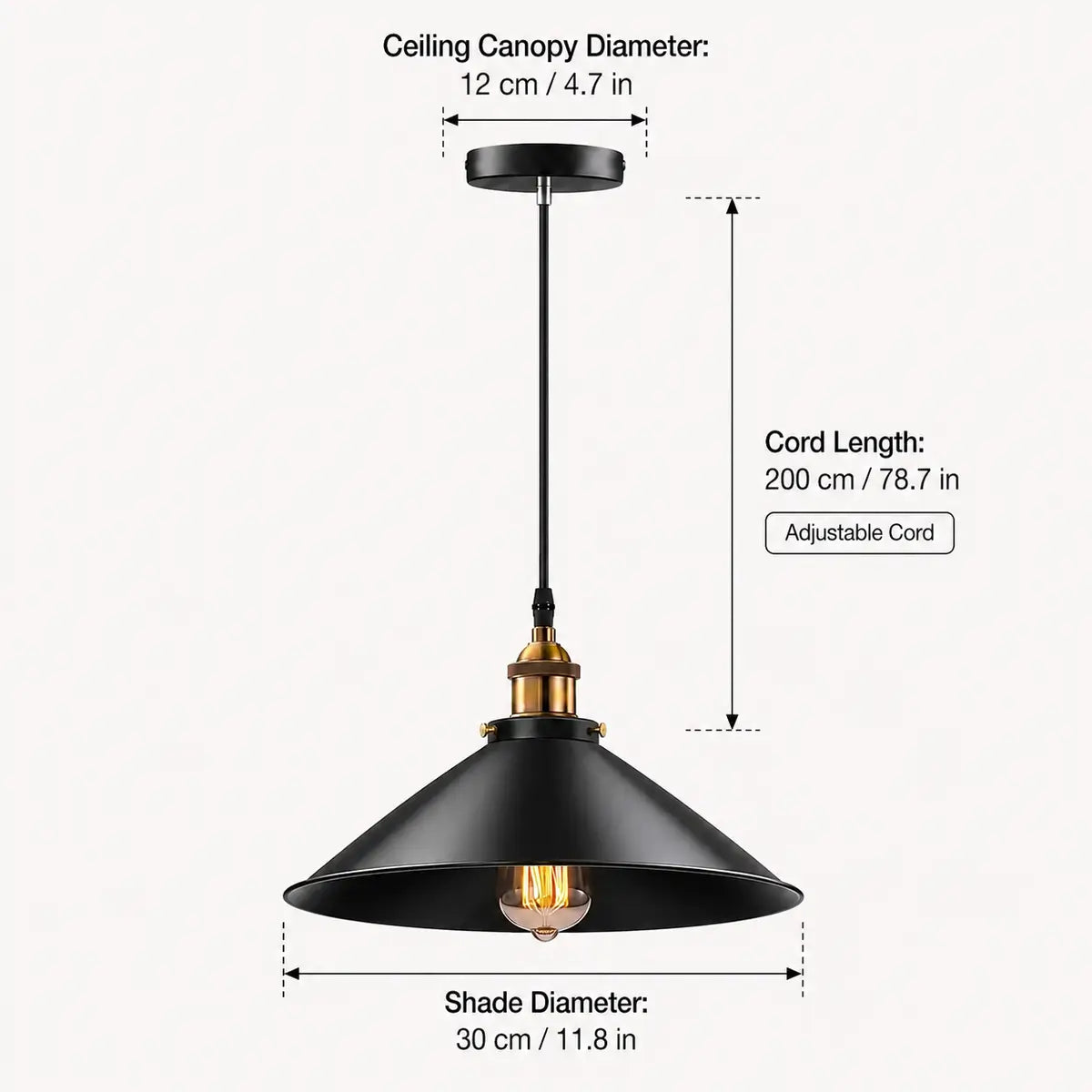 Dimension graphic for 30 cm black cone pendant light showing shade diameter, cord length, and canopy size