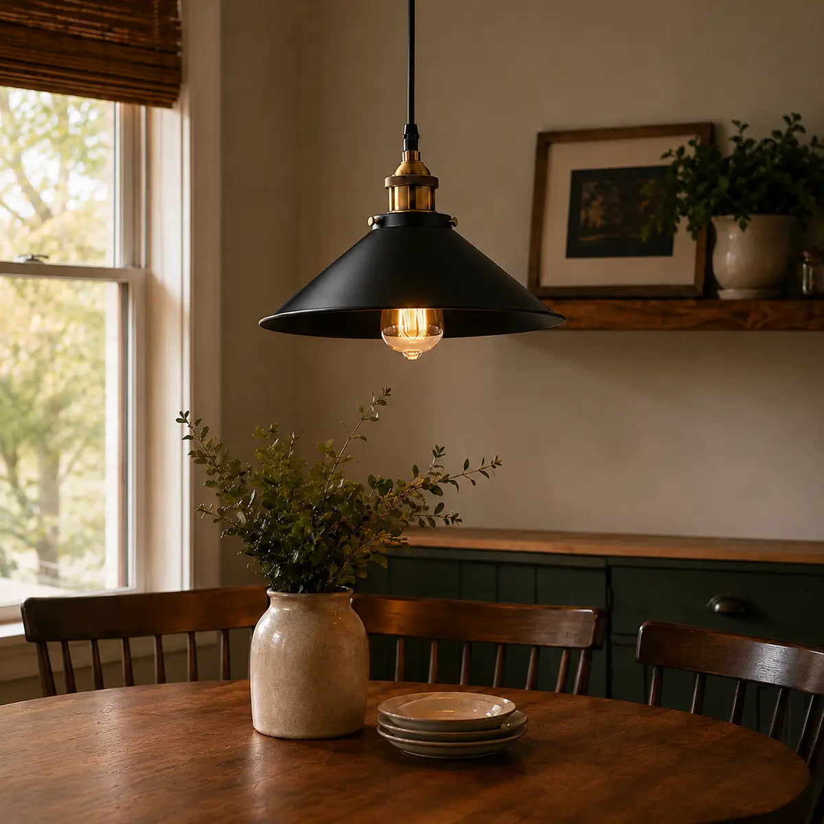 30 cm black cone pendant light over a warm dining area with a wood table, window light, and classic decor