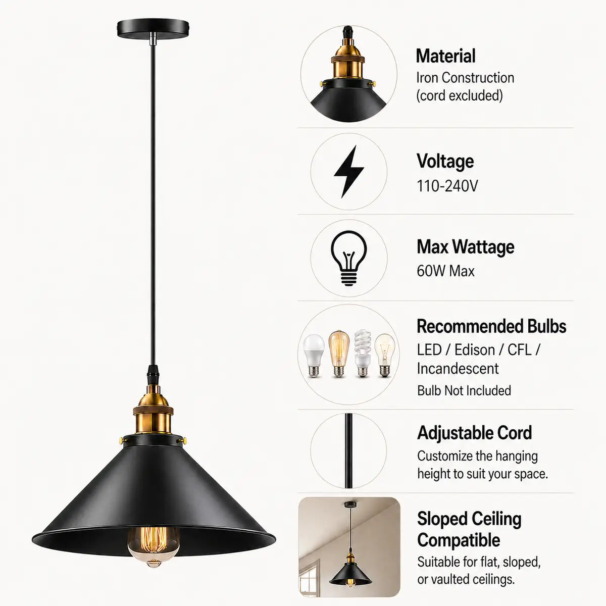 Feature graphic for 30 cm black cone pendant light showing iron construction, voltage, max wattage, recommended bulbs, and adjustable cord