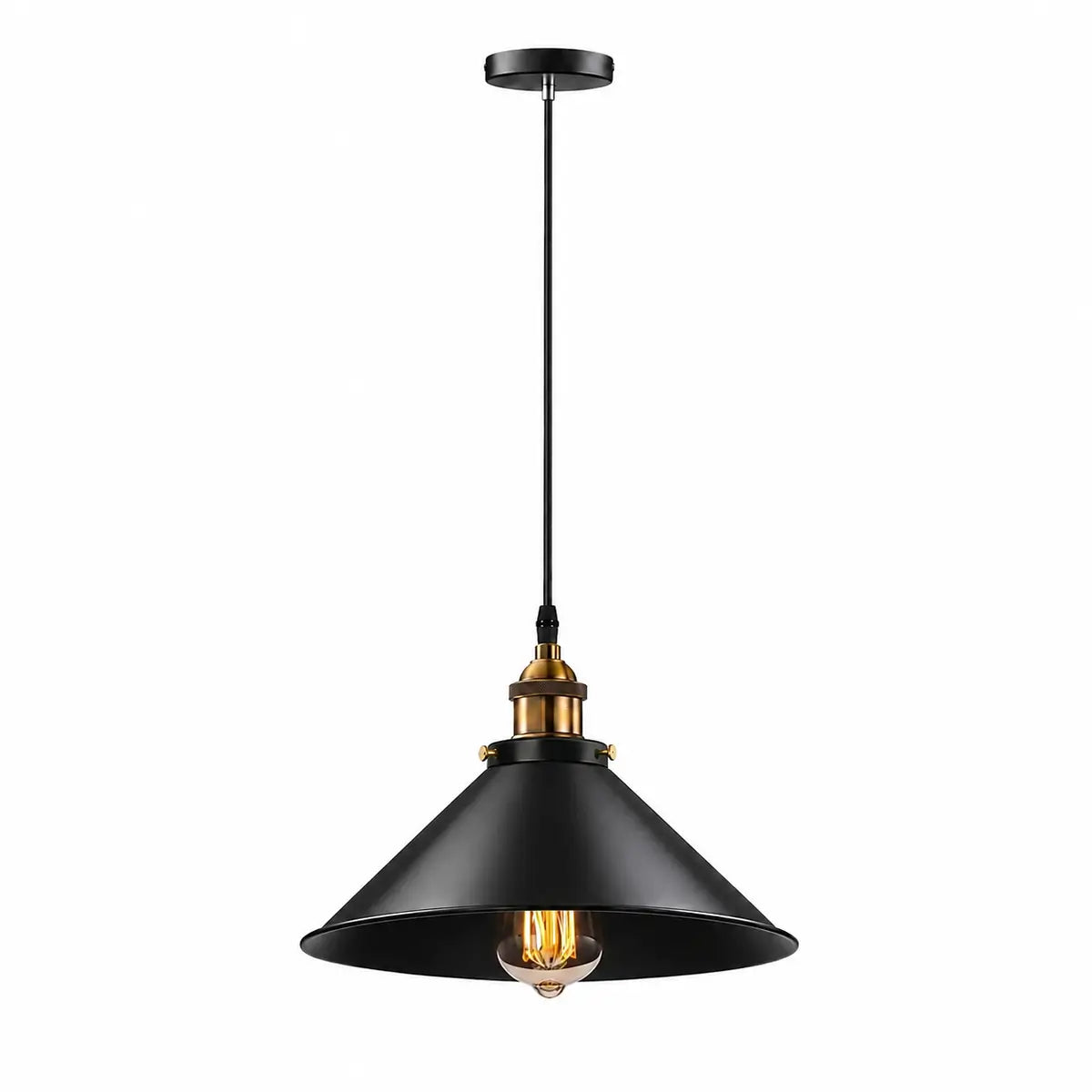 Single 30 cm black cone pendant light with a slim black cord, round canopy, and brass-toned socket detail