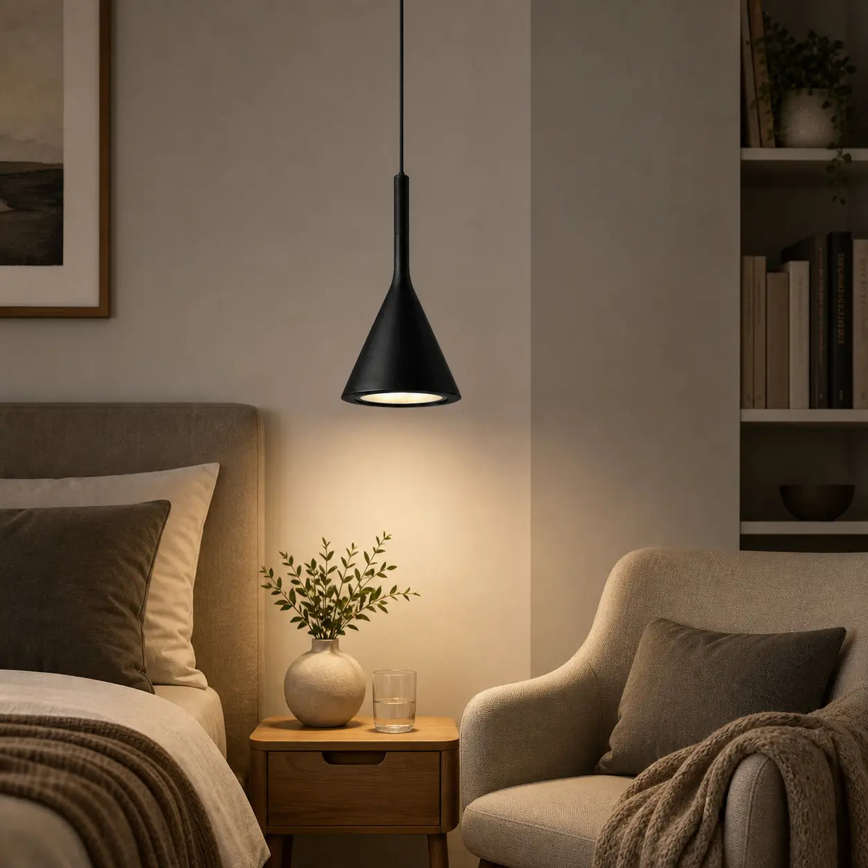 Black cone pendant light installed above a wood nightstand between a bed and an upholstered chair.