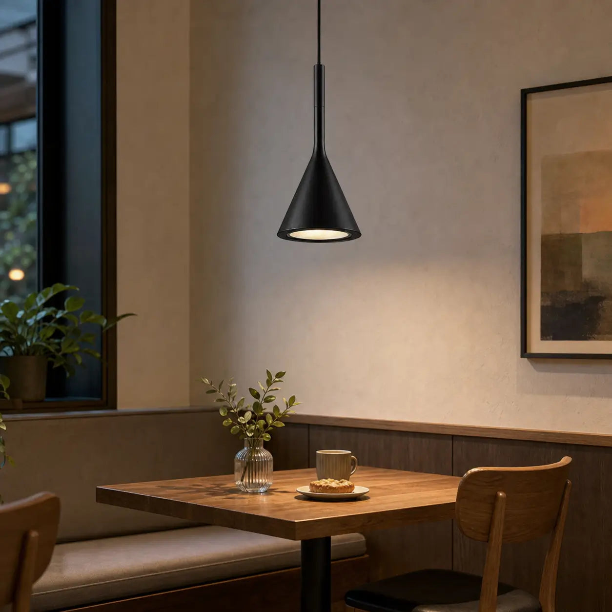 Single black cone pendant light providing downward light above a small wood table in a breakfast nook.
