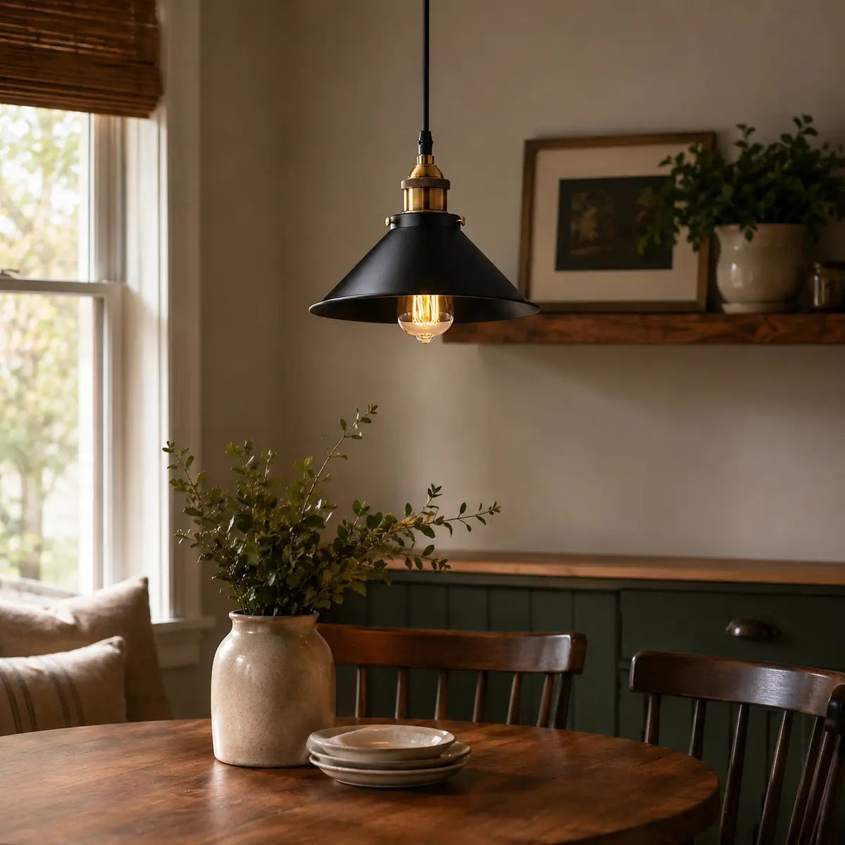Black cone pendant light over a warm dining area with wood table, window light, and classic decor