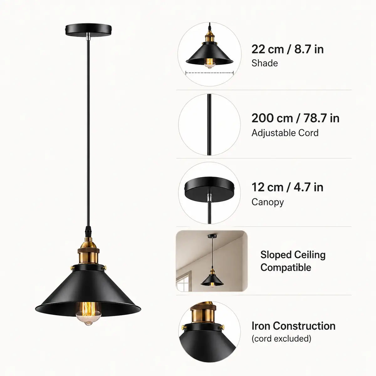 Feature graphic of a black cone pendant light showing shade size, adjustable cord, canopy, and detail views