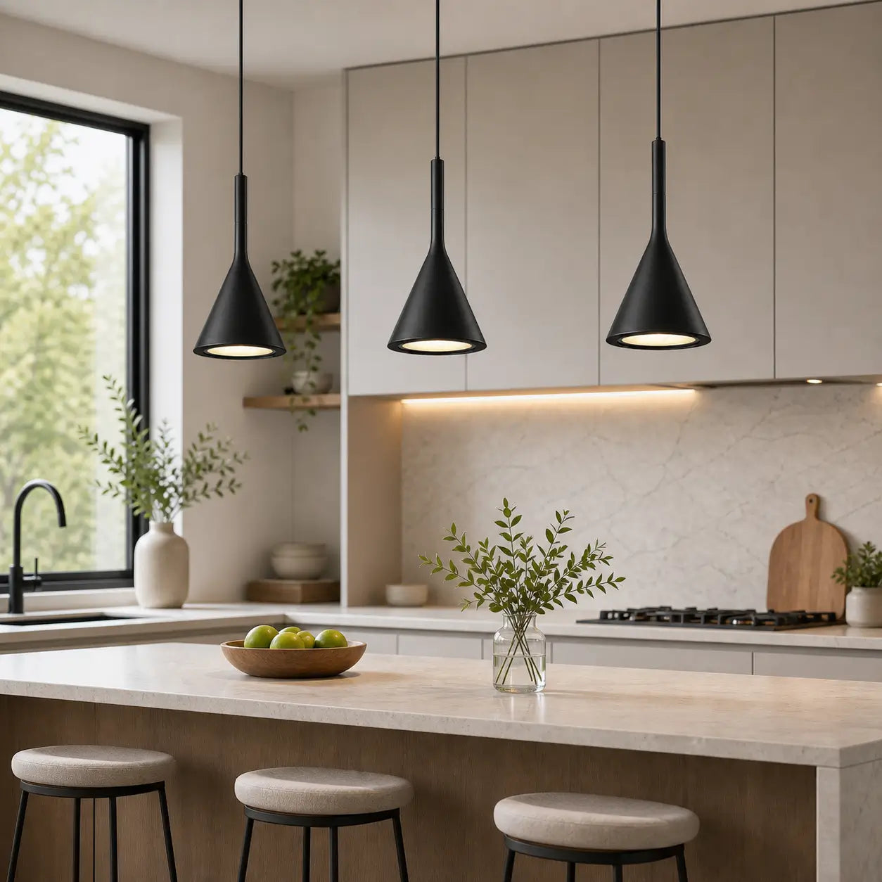 Three black cone pendant lights installed in a row above a light-toned kitchen island.