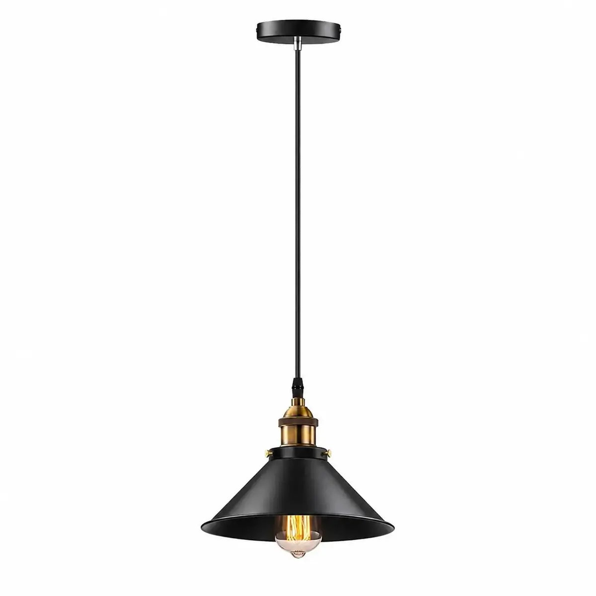 Single black cone pendant light with slim black cord, round ceiling canopy, and brass-toned socket detail.