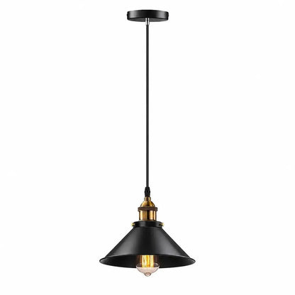 Single black cone pendant light with slim black cord, round ceiling canopy, and brass-toned socket detail.