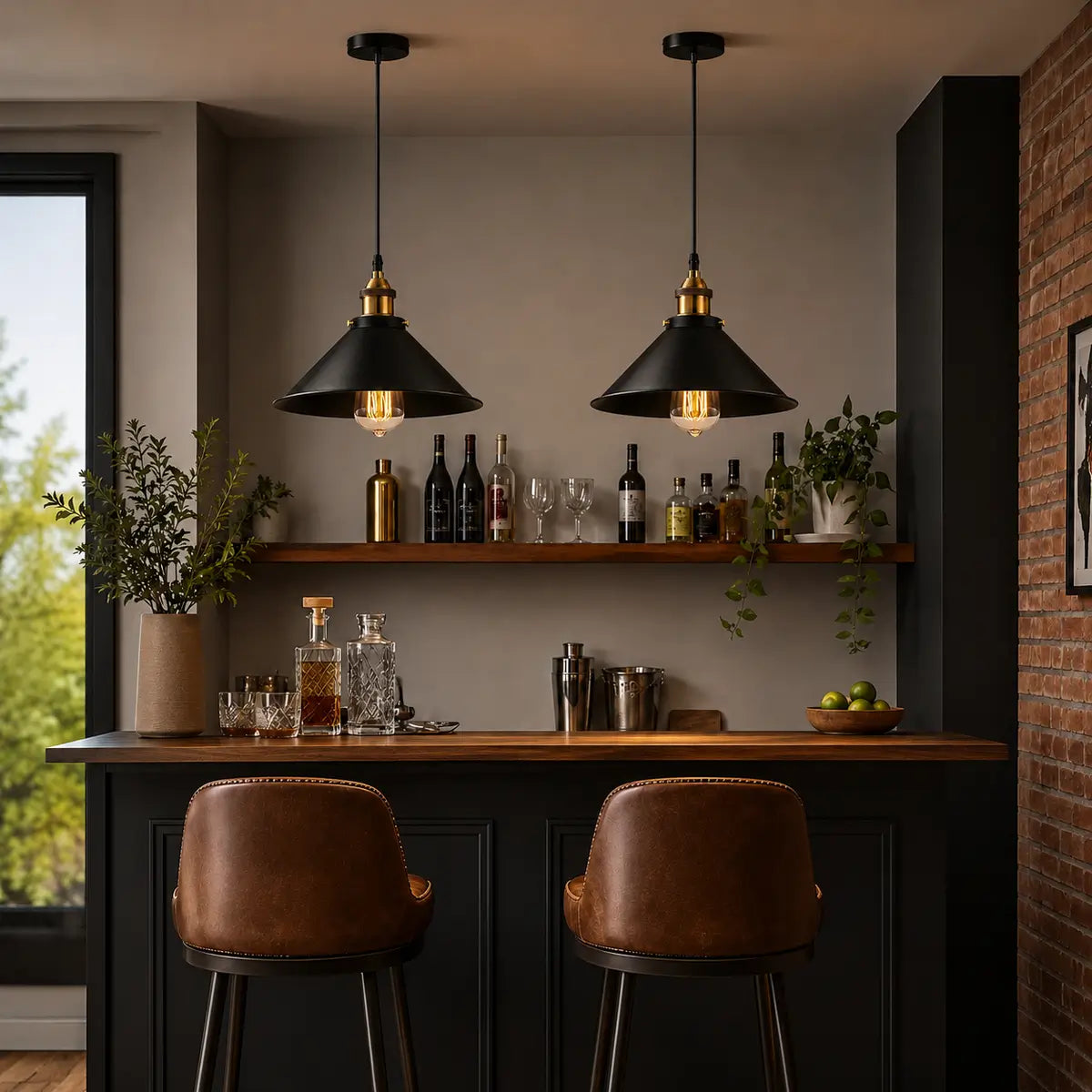 Two 26 cm black cone pendant lights above a home bar with dark cabinetry, wood shelving, and brick wall.