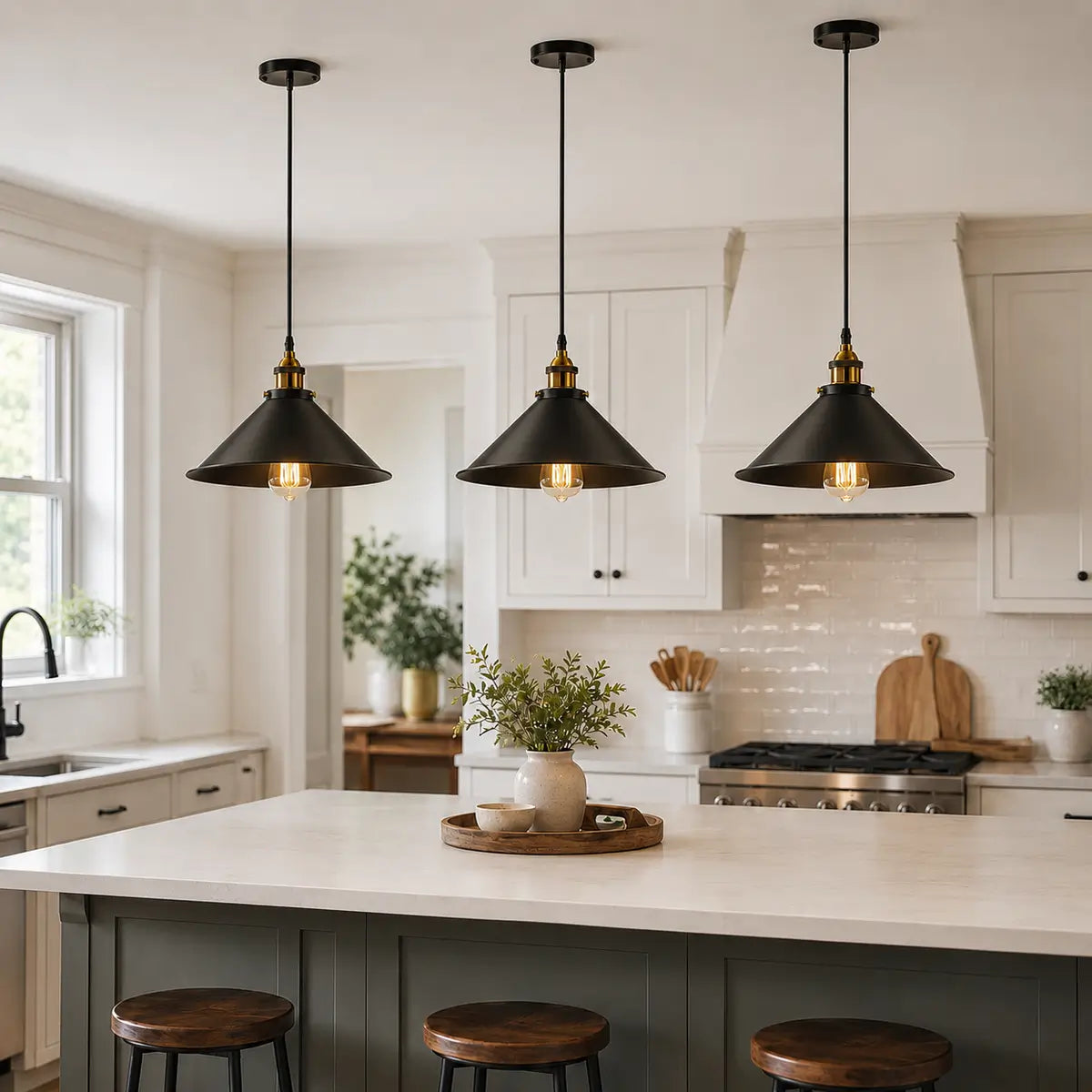 Three 26 cm black cone pendant lights hanging above a bright kitchen island with white cabinetry
