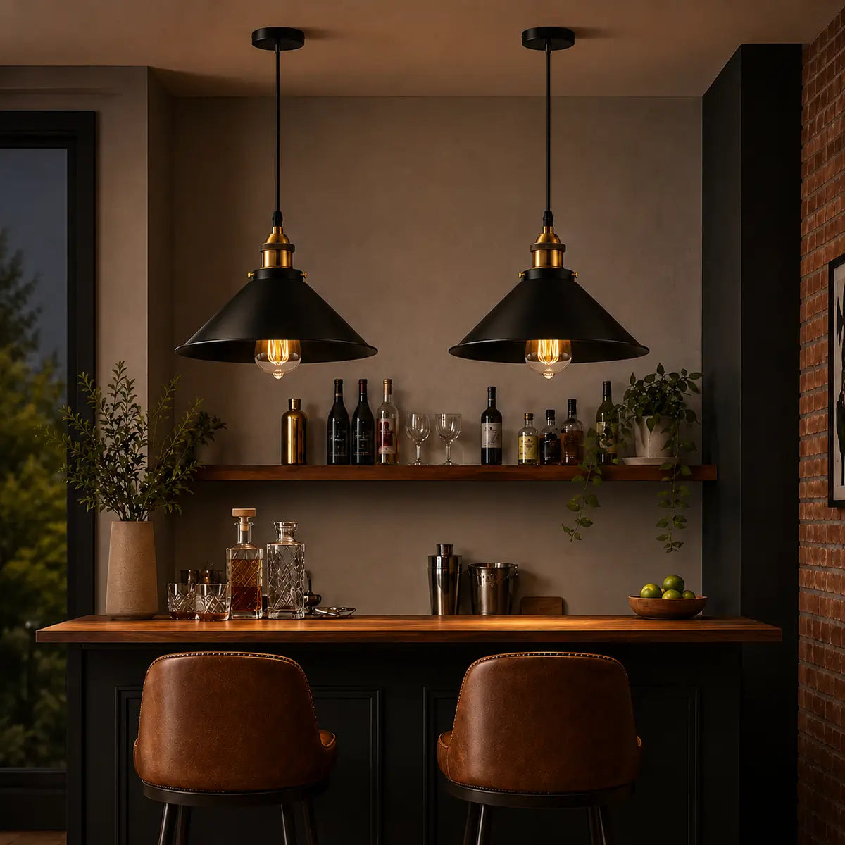 Two 30 cm black cone pendant lights above a home bar with dark cabinetry, wood shelving, and a brick wall