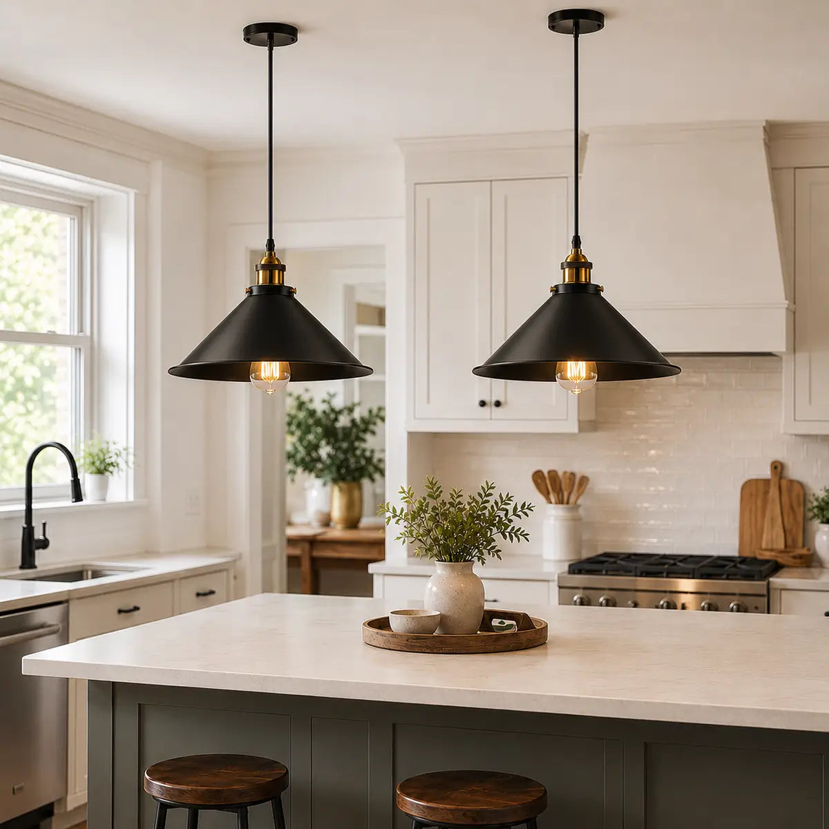 Two 30 cm black cone pendant lights hanging above a bright kitchen island with white cabinetry