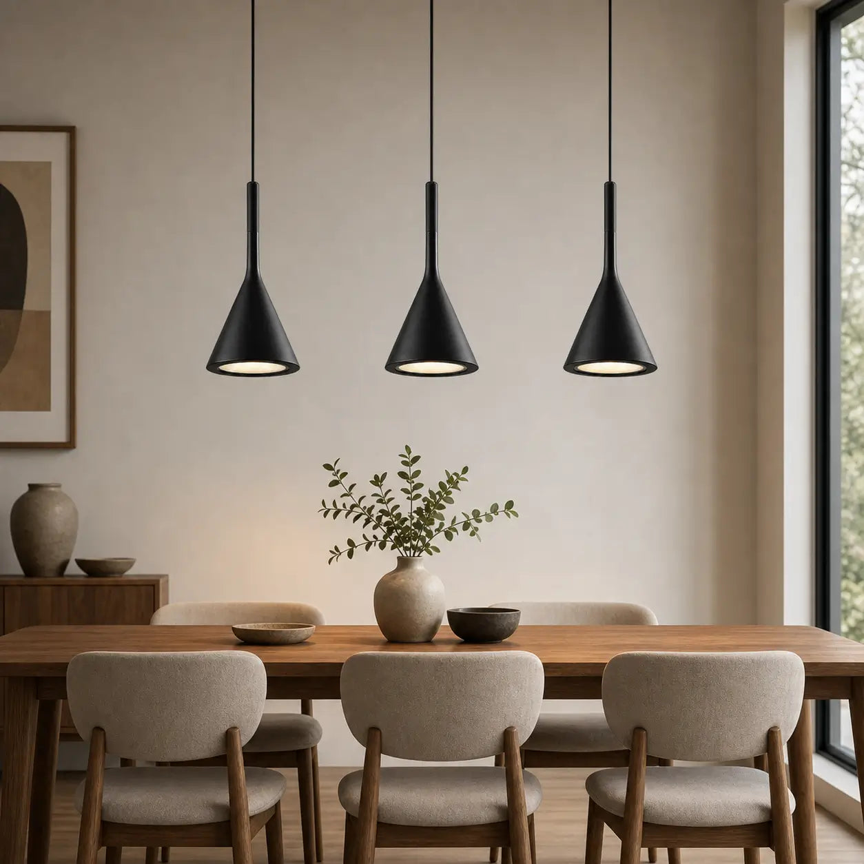 Three black cone pendant lights arranged above a rectangular wood dining table in a neutral dining room.