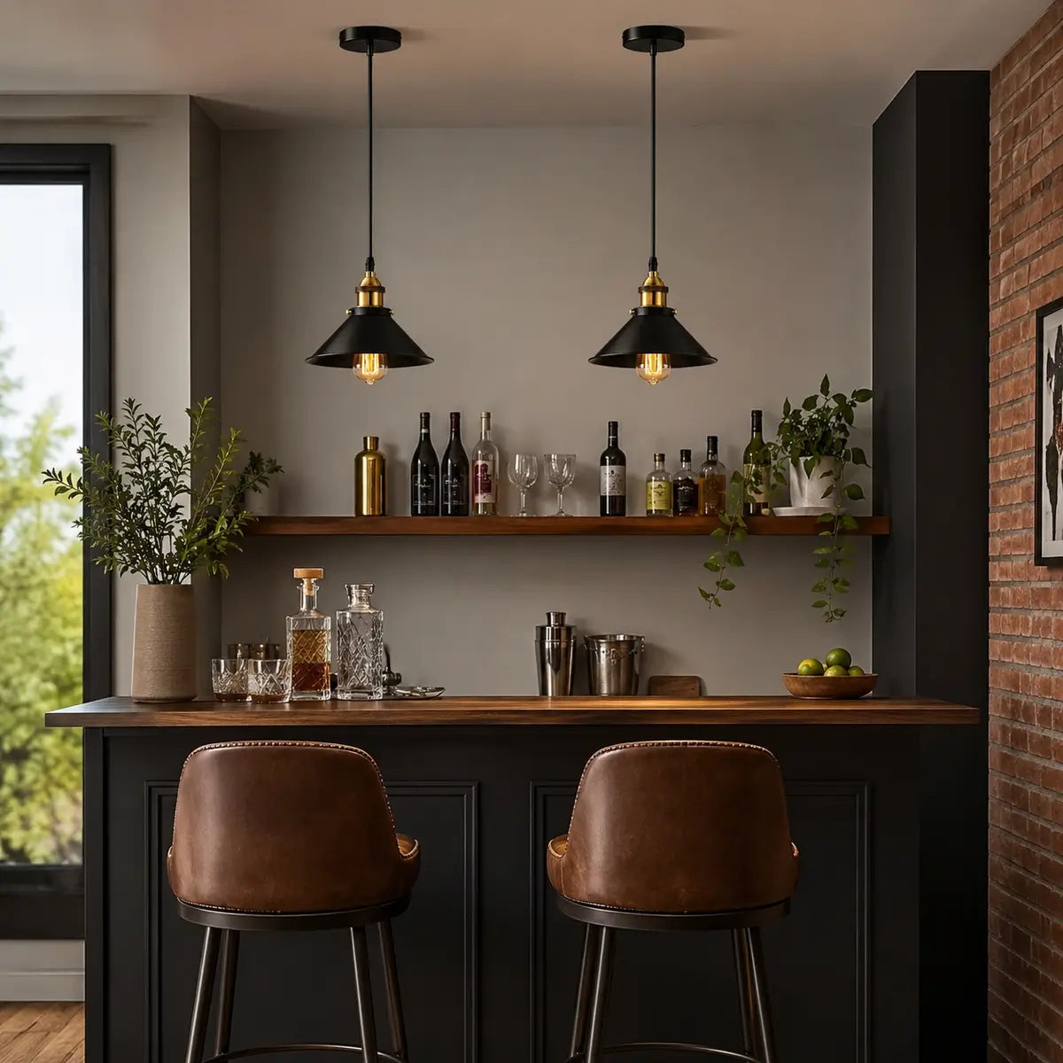 Two black cone pendant lights above a home bar with dark cabinetry, wood accents, and a brick wall.