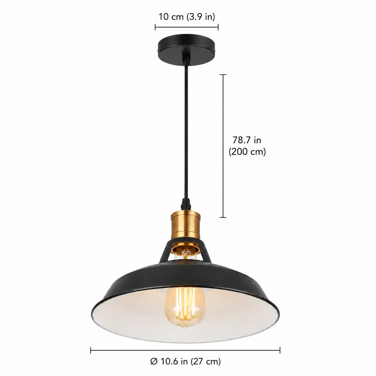Black dome pendant light dimensions with 27 cm shade diameter, 10 cm canopy, and 200 cm cord.