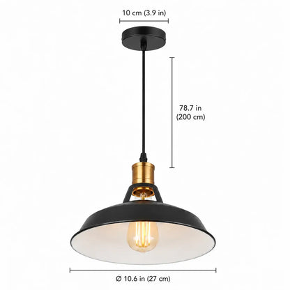 Black dome pendant light dimensions with 27 cm shade diameter, 10 cm canopy, and 200 cm cord.